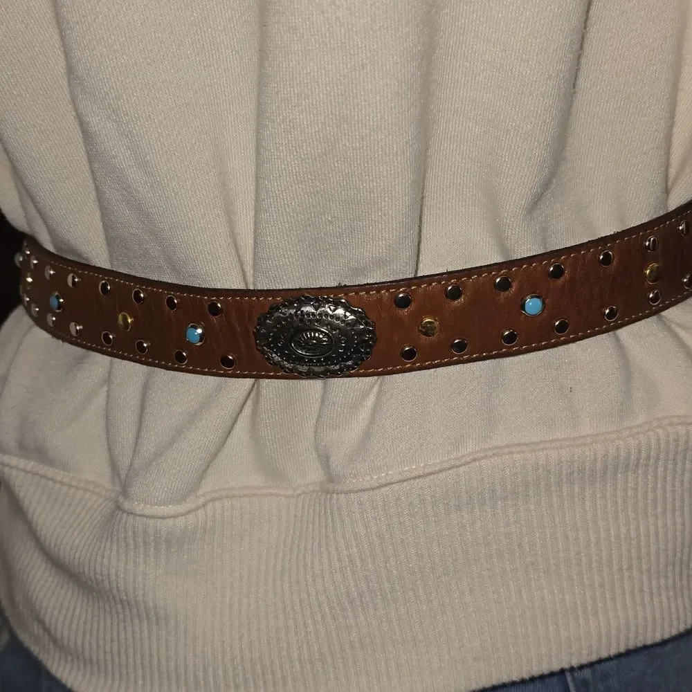 Western Studded Brown Leather Belt with Silver Buckle,34' Inch NWOT!